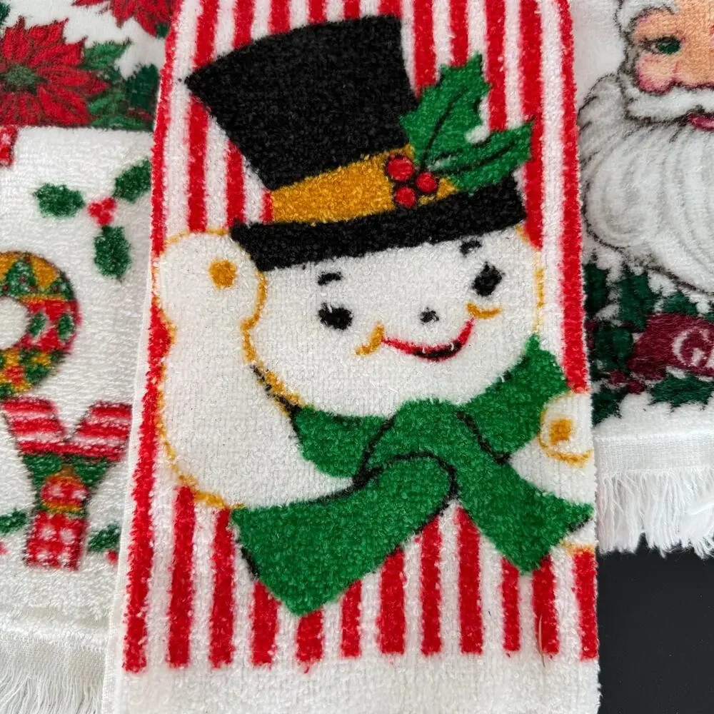 VTG MCM Christmas Kitchen Towel Set 4 Fringe Joy Terry Cloth Santa Poinsettia